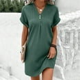 thumbnail image 2 of Wuxian Women's Shirt Dress V Neck Short Sleeve Loose Casual Roll Up Sleeve Knit Mini Dresses With Front Button, 2 of 5