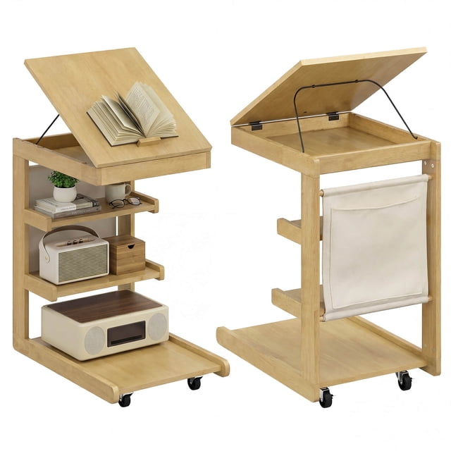 Costway 2 Pcs Table d'Appoint en Forme de C avec Roues, Plateau de Bureau Réglable, Butée de Bord, Pochette de Rangement, Naturel