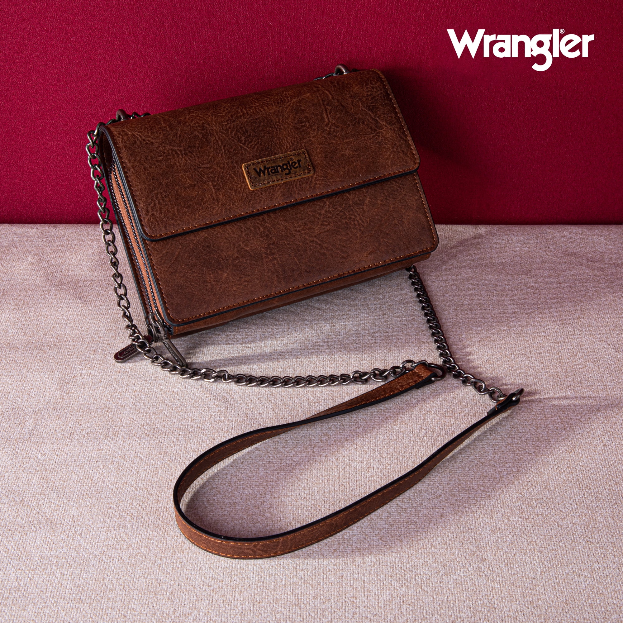 Wrangler Flap CrossBody Purse for Women Small Shoulder Bag with Chain Strap, Dark Brown