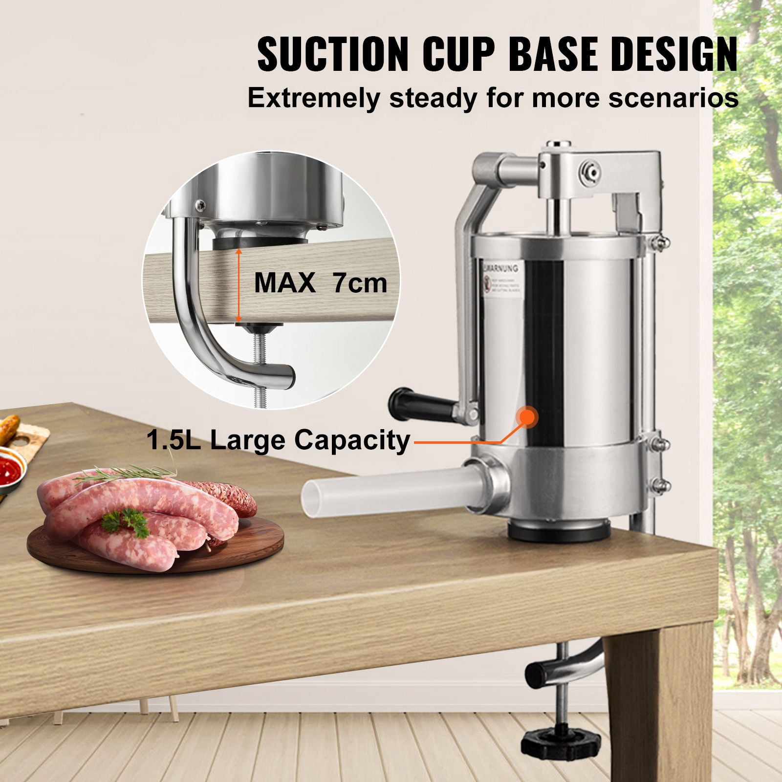 Manual Sausage Stuffer 2.5 lbs Capacity, 304 Stainless Steel, 3 Filling Tubes, Suction Base, Air Release Valve for Home Commercial Use