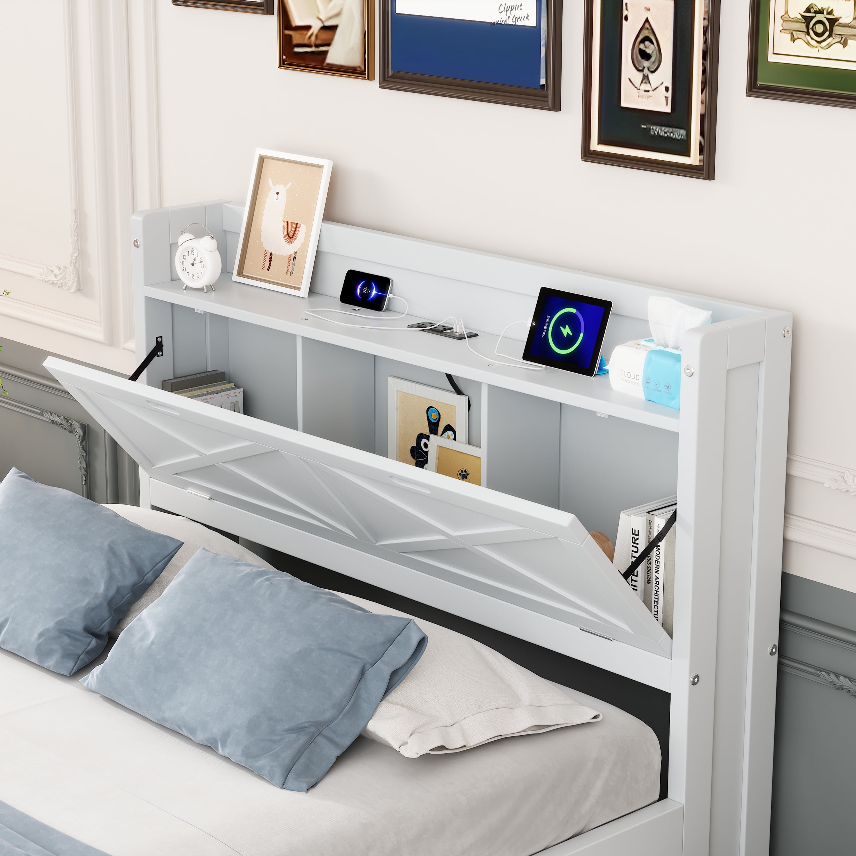 Mintazer Farmhouse Twin Bed with Trundle & 3 Drawers, Extendable Platform Bed with Headboard Storage & Charging Station for Bedroom, White