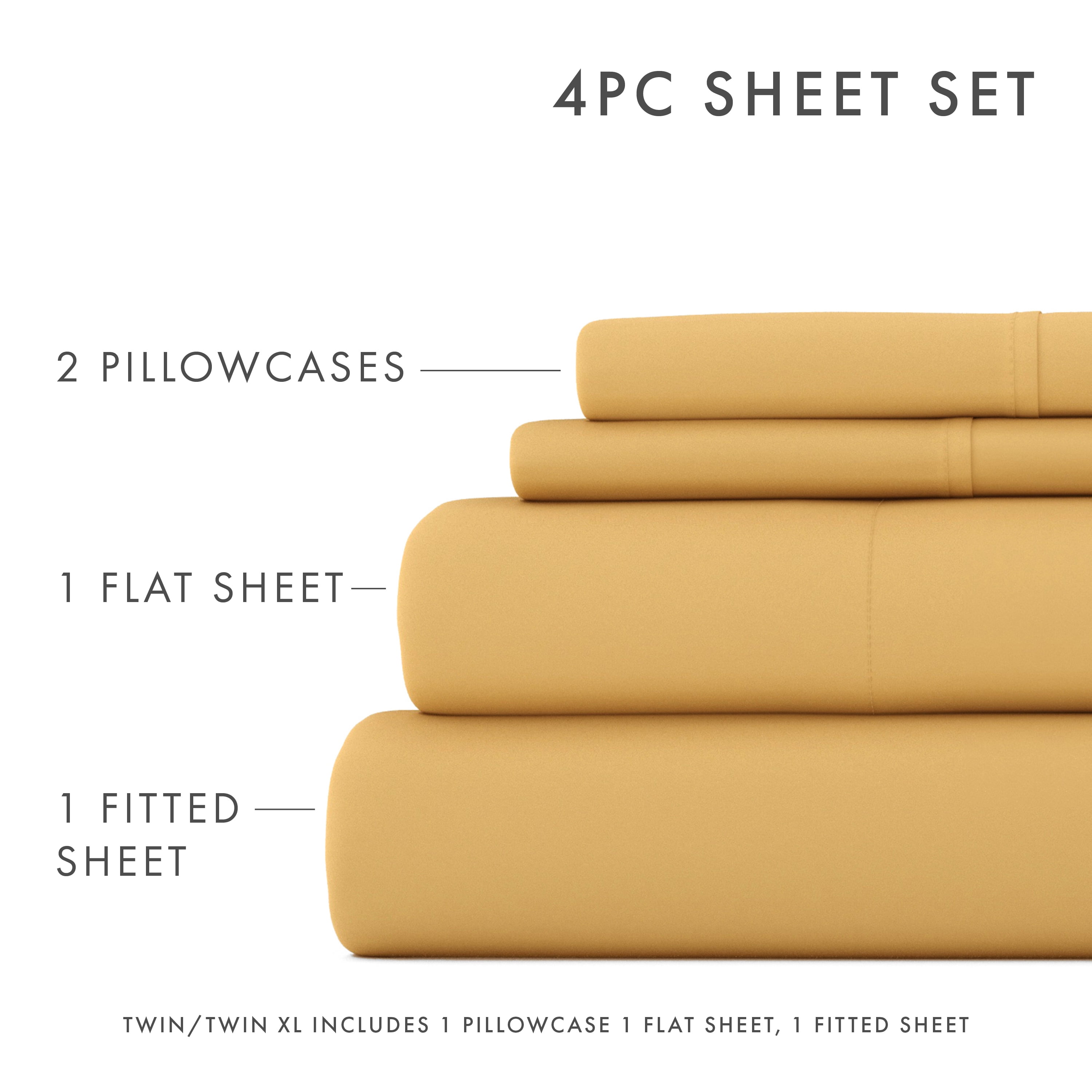 Noble Linens 4 Piece Solid Microfiber Bed Sheet Set, Gold, California King