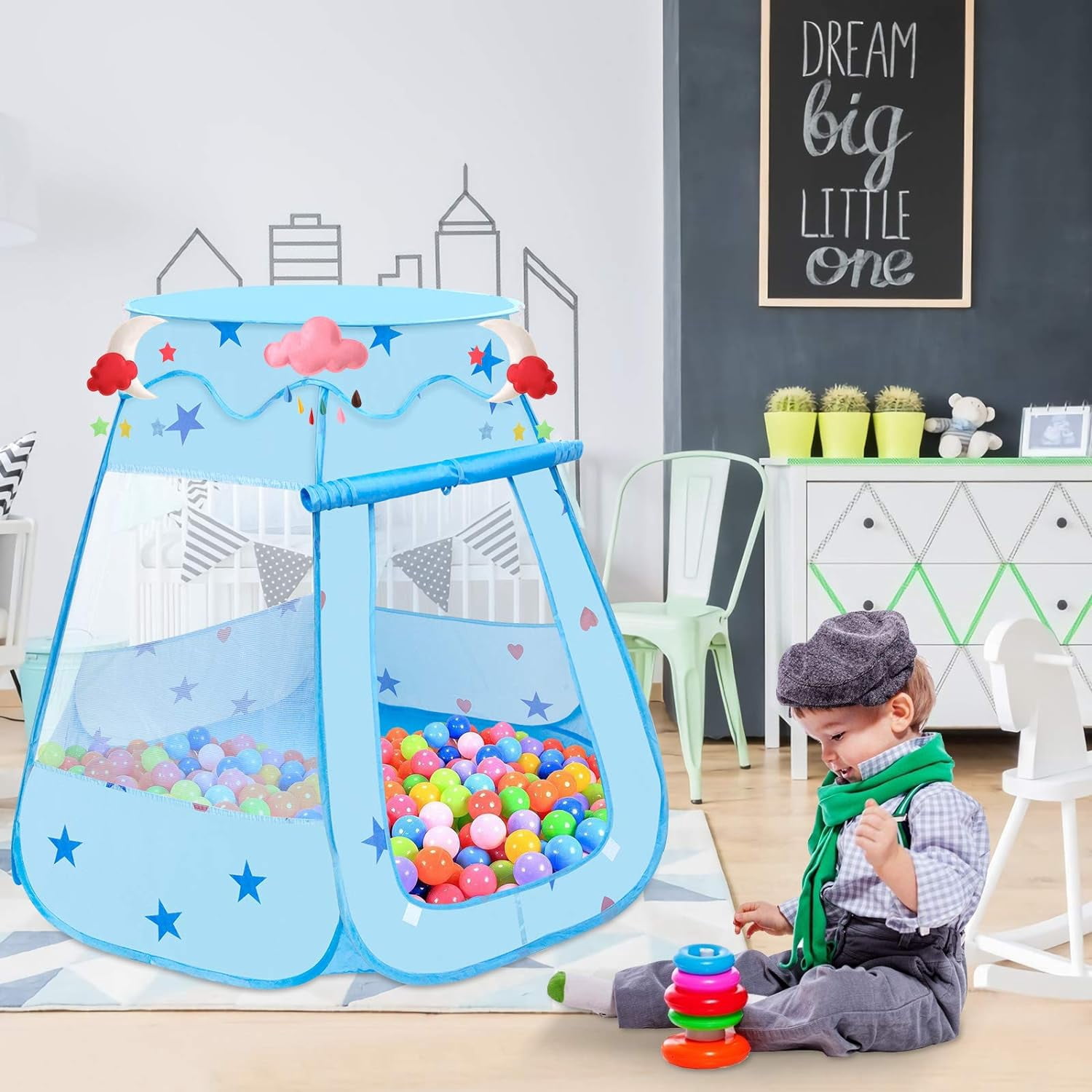 Ucradle Princess Playhouse Tent for Toddlers and Girls, Indoor & Outdoor Pop Up Play Tent for Kids, Foldable Ball Pit with Carrying Bag, Birthday Gifts for 1-3 Years Old Toddlers and Girls, Blue