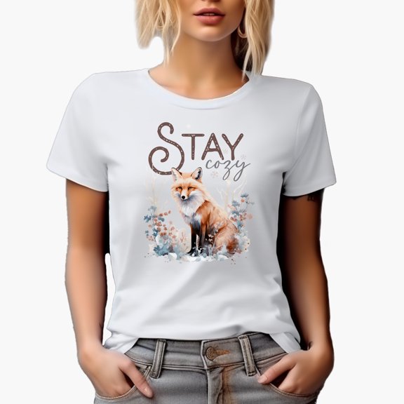Stay Cozy with Watercolor Fox & Winter or Christmas Season Art Merch Gift, White T-Shirt, Small