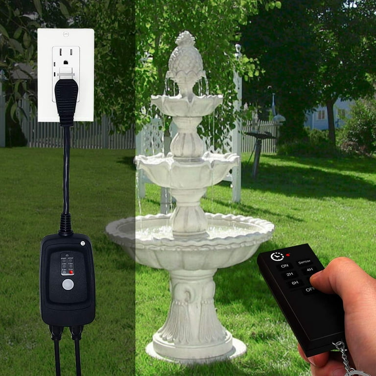 Syantek Outdoor Light Timer, Waterproof Outdoor Remote Control Outlet,  Plug-in Timer Switch, 100 ft Range Remote Control with 3 Ground Outlets for