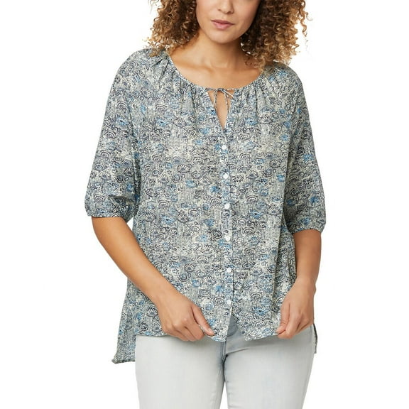 NYDJ womens Button Down Silk-Blend Peasant Blouse, XXS