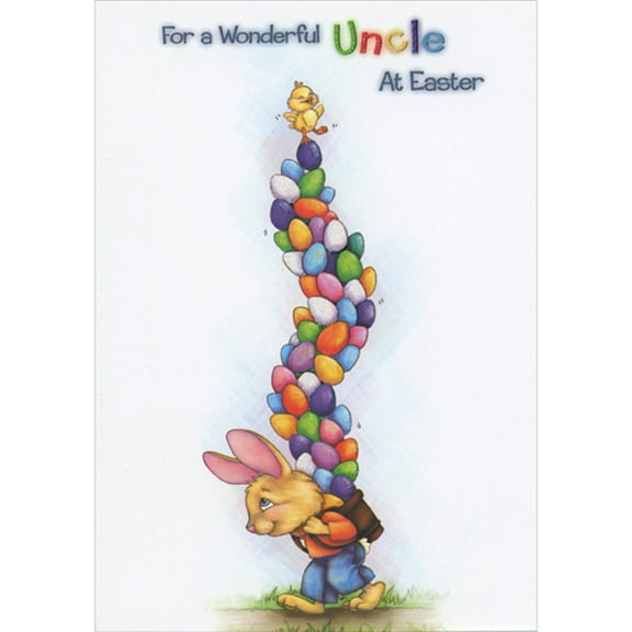 Designer Greetings Walking Bunny with Backpack Full of Tall Winding Stack of Sparkling Eggs Juvenile Easter Card for Uncle