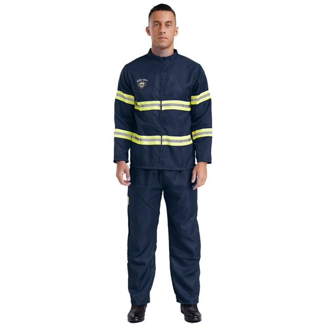 Hansber Costume de Pompier d'Halloween pour Homme Uniforme de Pompier Bandes Réfléchissantes Sécurité Ensemble 4 Pcs pour Cosplay Fête Bleu Marine 190