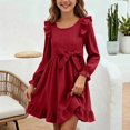 thumbnail image 2 of Teylalorva Dresses of Girls (2-12), Small Ruffle Trim Crew Neck Long Sleeve Dresses Lovely Hem Outfit Spring Autumn Casual Wear Red Size 11, 2 of 7