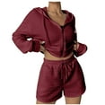 thumbnail image 7 of Usmixi 2 Piece Outfits for Women Front Zip Hooded Coat 2 Piece Sets Casual Solid Drawstring Elastic Waist Shorts Outfits Sets Sports Running Lounge Sets Tracksuits Sets with Pocket Holiday, 7 of 7