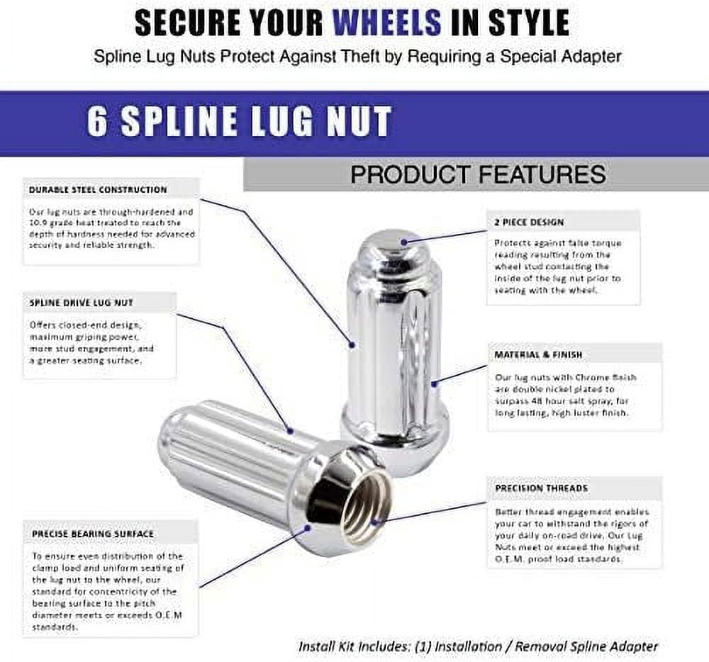Wheel Accessories Parts Set of 32 Bulge Cone Seat M14x2.0 Lug Nuts 2.25" Long with Spline Tuner Closed End Small Diameter Key Included (Chrome, 32 PC, 14x2)