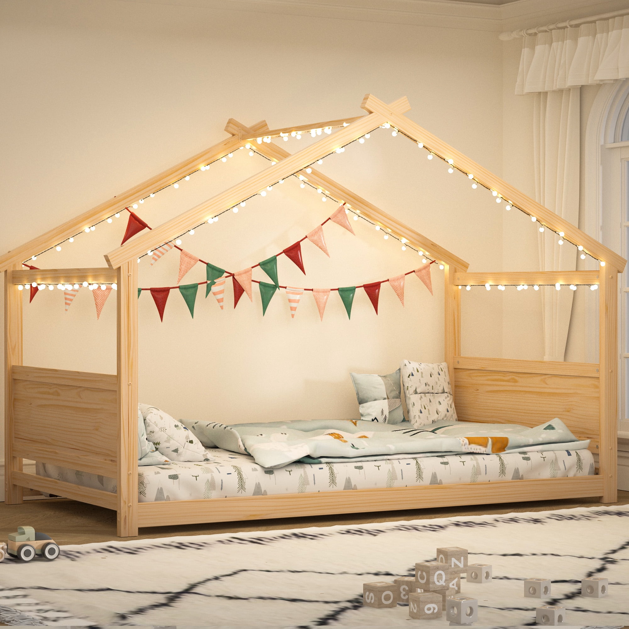 Joywind Twin Solid Wood House Floor Bed Frame with Safety Guardrails, Kids Bed for Boys Girls