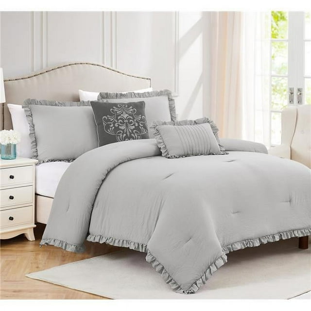 RT Designers Collection CMP11034Q Portland Washed Ruffled Comforter Set, Grey - Queen Size - 5 Piece
