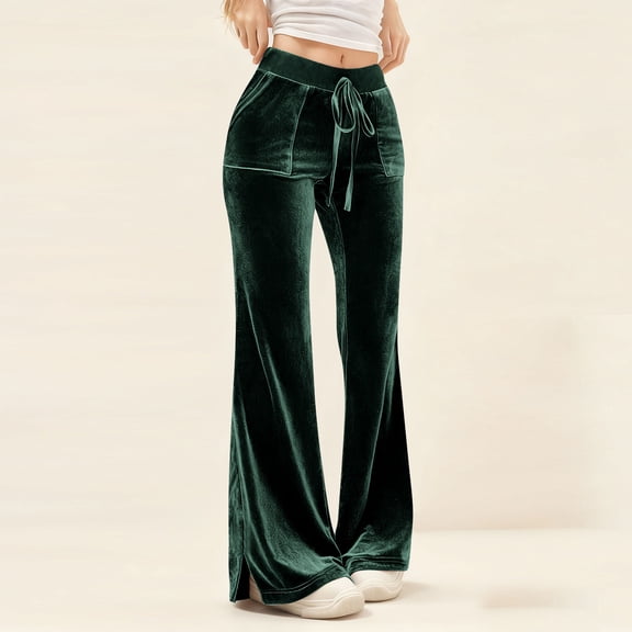 Karight Velvet Pants Women Lounge Comfy Womens Velour Flare Pants Casual Pants Wide Leg High Waisted Drawstring with Pockets