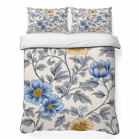 Blue Yellow Floral 3 Piece Quilt Bedding Set with 2 Pillow Shams, Vintage Plant Lightweight Bedspread Coverlet, Soft Breathable All Season Quilt, 79 x 90 Inch
