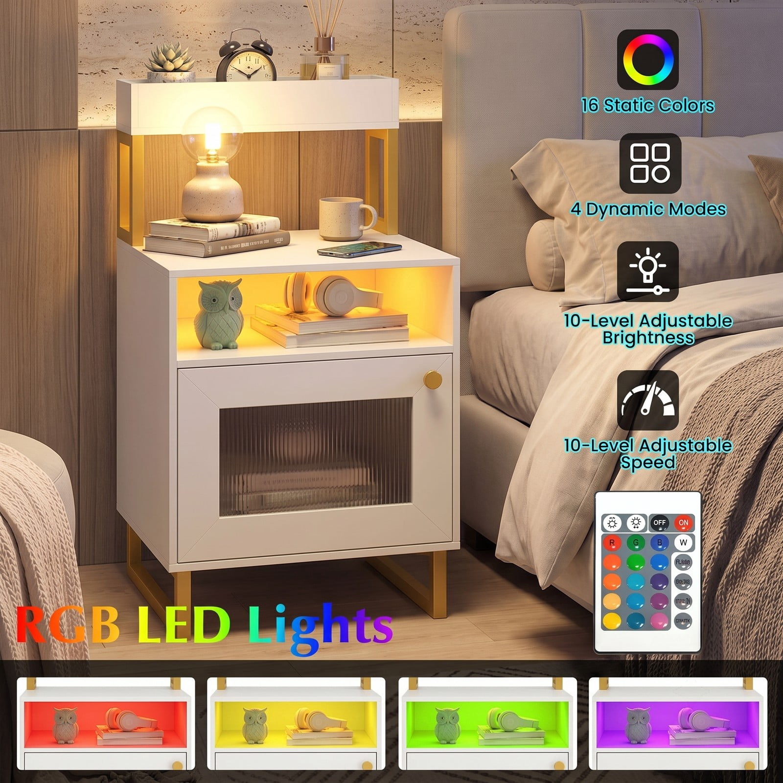 Furnibear Nightstand with LED Lights and Fluted Glass Cabinet Door plus Open Compartment and Raised Display Shelf for Bedroom and Living Room, White