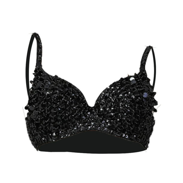 Corsé de lentejuelas punk para mujer, sujetador de lentejuelas de lujo hecho a mano, sujetador push up, top corto negro