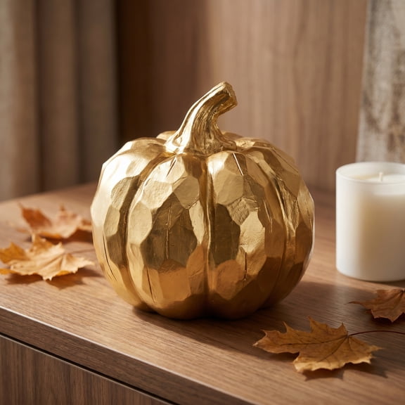 Gold Resin Pumpkin Figurine, Modern Faceted Pumpkin Decorations, Elegant Halloween Decorations Indoor for Tabletop Fall Harvest Ornament,3.35inch