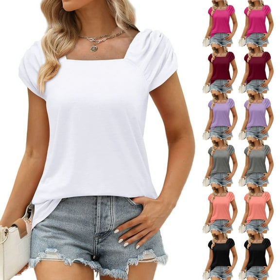 Fesfesfes Women Clothing Fashion Woman Causal Square Neck Solid Color Blouse Puff Short Sleeve T-Shirt Summer Tops Undershirts Women 10(XL)