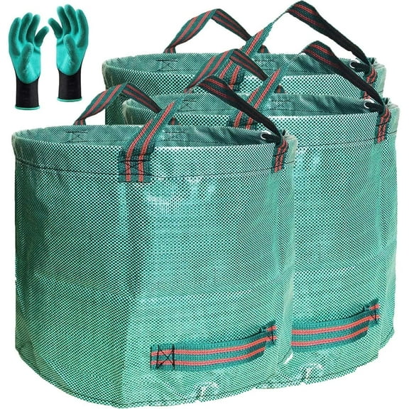 Professional 3-pack 106 gallon lawn and garden bags (D31, H31 inches) reusable yard leaf trash bags with coated gardening gloves - storage bags, patio bags, laundry containers, trash cans with 4 han