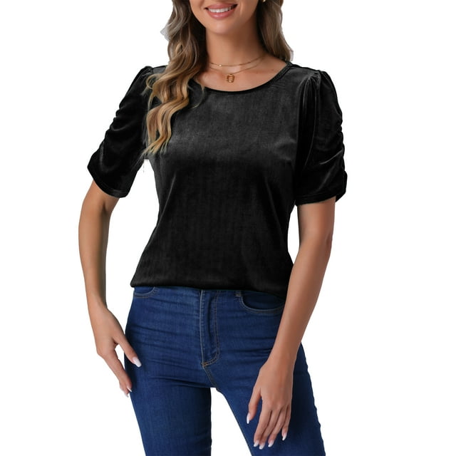 Blusa de fiesta y club para mujer INSPIRE CHIC de terciopelo con cuello redondo y mangas cortas abullonadas, negra, talla XS