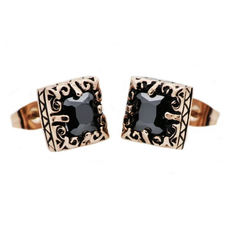 Mens Rose Plated Stainless Steel Earrings With Black Cubic Zirconia