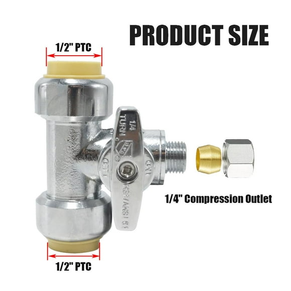 TT FLEX Service Tee Stop Valve, 1/2 Inch x 1/2 Inch x 1/4 Inch, 1/4 Turn, Compression Service Stop Fitting, Water Valve Shut Off, Push-to-Connect, PEX, Copper, CPVC, PE-RT
