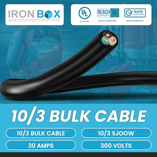 10/3 Bulk Cable 10 Foot - SJOOW Jacket, 30 Amps, 3 Wire, 300v - Water and Oil Resistant (10)