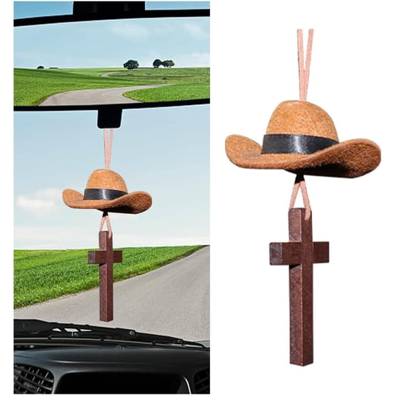 Pekkaxy Cowboy Hat Car Charm, Cute Mini Vehicle Rear View Mirror Hanging Pendant with Cross, Western Country Automotive Interior Decorative Accessories, Universal for SUV RV Truck