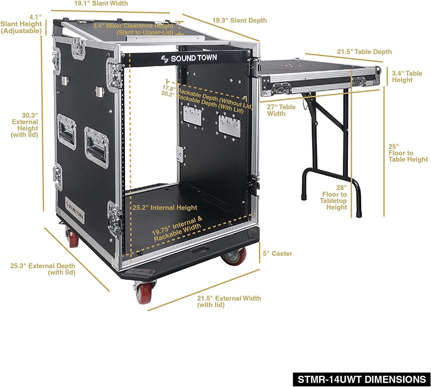 Sound Town PA DJ Combo with 14U Rack/Road ATA Case w/Slant Mixer Top, DJ Work Table, One 10 Outlet AC Power Conditioner/Sequencer (STMR-14TPS10)