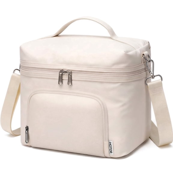HOTOR Insulated Lunch Box for Women, 8L Reusable Lunch Bag with PU Leather Exterior, Water-Resistant, Easy to Clean, for Work or Daily Use, 10.0 x 5.9 x 8.6'', Beige