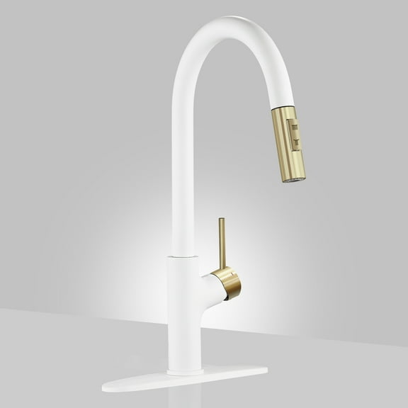 Achelous White and Gold Kitchen Faucet with Pull Down Magnetic Docking Sprayer,Stainless Steel Pull Out RV Kitchen Sink Faucets,Single Handle Deck Mount,Grifos De Cocina