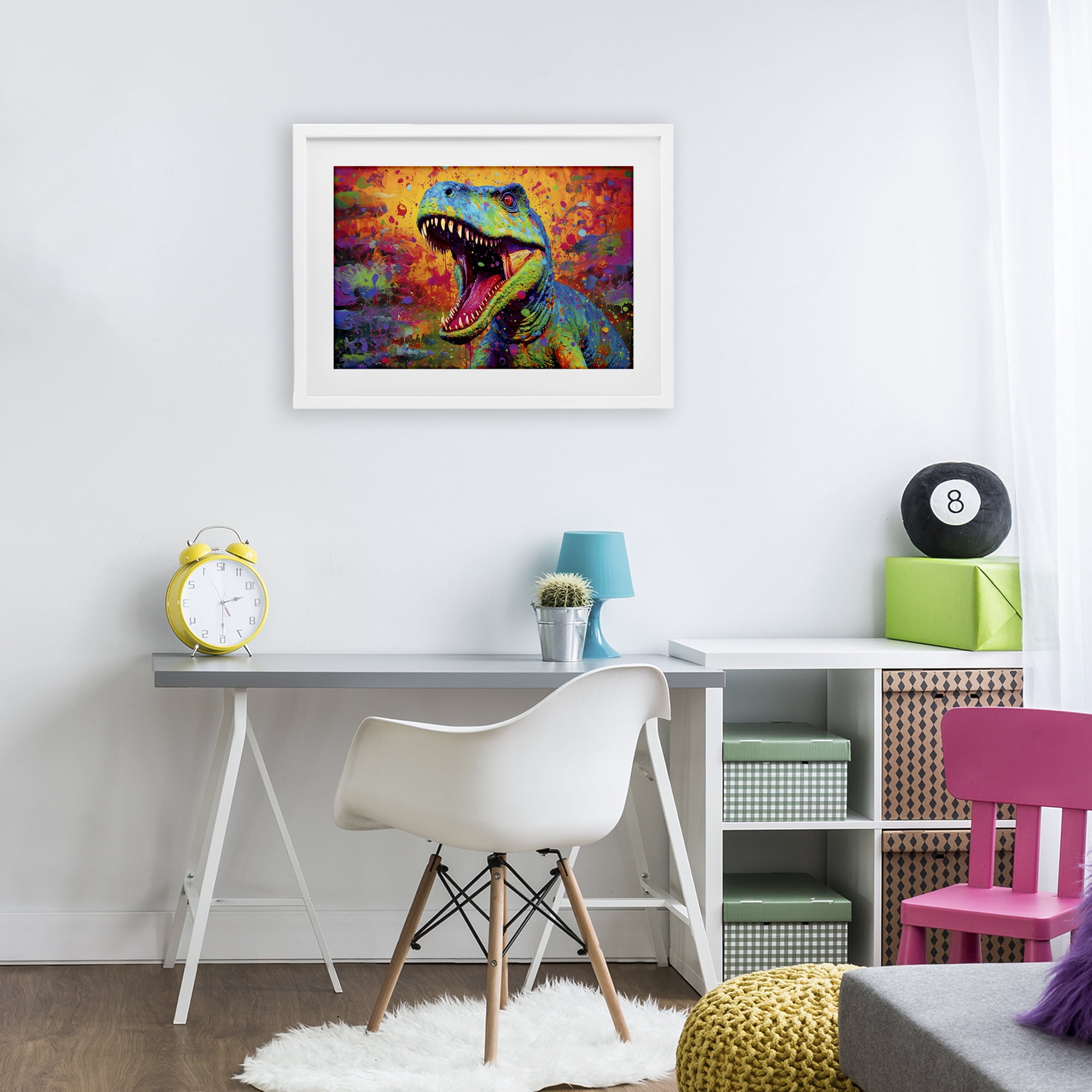 Stupell Industries Colorful T-Rex with Splatter White Framed Print Under Glass, design by Creative Studio