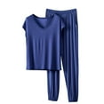 thumbnail image 2 of QUNYINEY Cotton Plus Size Pajamas for Women Set Short Sleeve Soft 2 Piece Blue Top And Pants Casual V Neck Womens Loungewear, 2 of 6