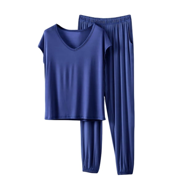 Levmjia Women's Pajama Set Casual Solid Color Short Sleeve and Pants Sleepwear Modal Soft Comfortable 2 Piece Pajamas Loose Cozy Home Wear