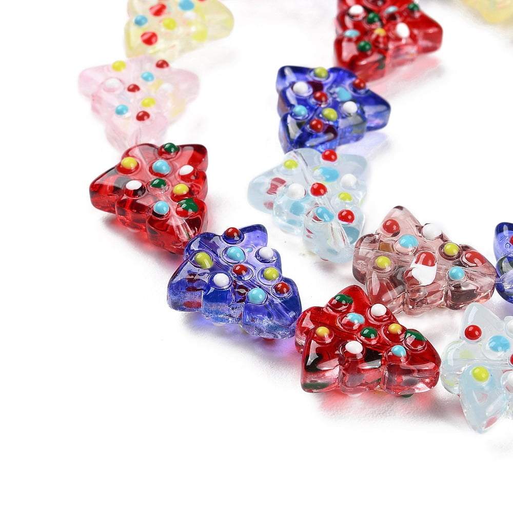 Handmade Bumpy Glass Beads Strands Hand Drawn Beads Dyed & Heated Dyed & Heated with Enamel Christmas Trees Colorful 16~16.5x14.5~15x7~7.5mm Hole: 1.2mm about 22pcs/strand 13.98~14.17 inch(35.5~36cm)
