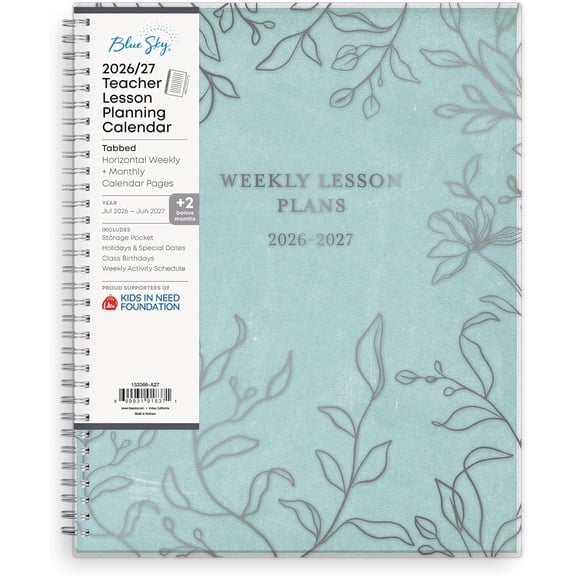 Academic Year Teacher Lesson Planner, Weekly And Monthly, July 2026 To June 2027, 8.5 x 11 In, Flexible Cover, Wirebound, Laminated Tabs, Storage Pocket, Prairie Aqua