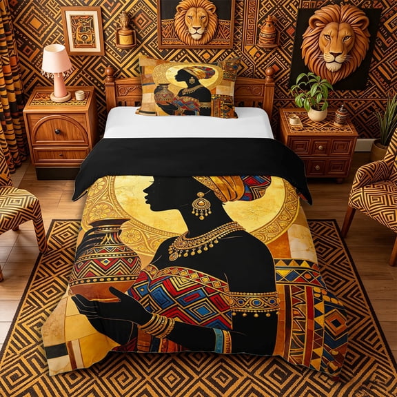 Castle Fairy Mosaic African Woman Holding Vase Twin Duvet Cover,Geometric Gold Halo Pattern Twin Bedding,Brown Blue Red,Black Reversible,1 Duvet Cover and 1 Pillowcase