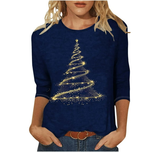 Oalirro 2024 Xmas Tree Print Tops for Women Trendy 3/4 Sleeve Shirts Loose Fit Casual Dressy Tees