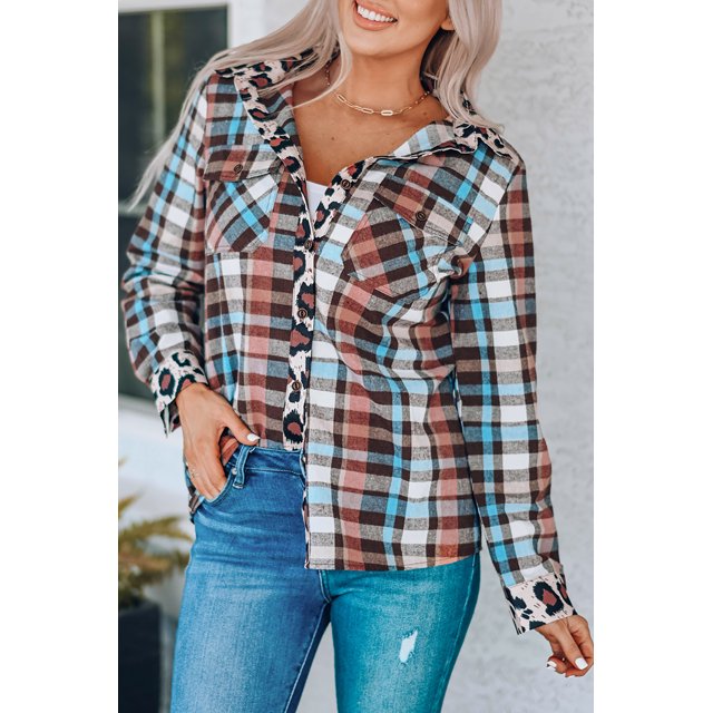 ABPHQTO Chaqueta camisera con ribete de leopardo y estampado a cuadros multicolor para mujer