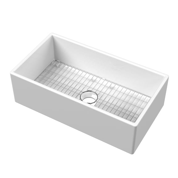 Nuie Kitchen Sink with Grid, 33 inch Single Bowl Apron Front Farmhouse Sink, Fireclay Ceramic Finish Kitchen Sinks, Central Waste - 33x18x10" (White)