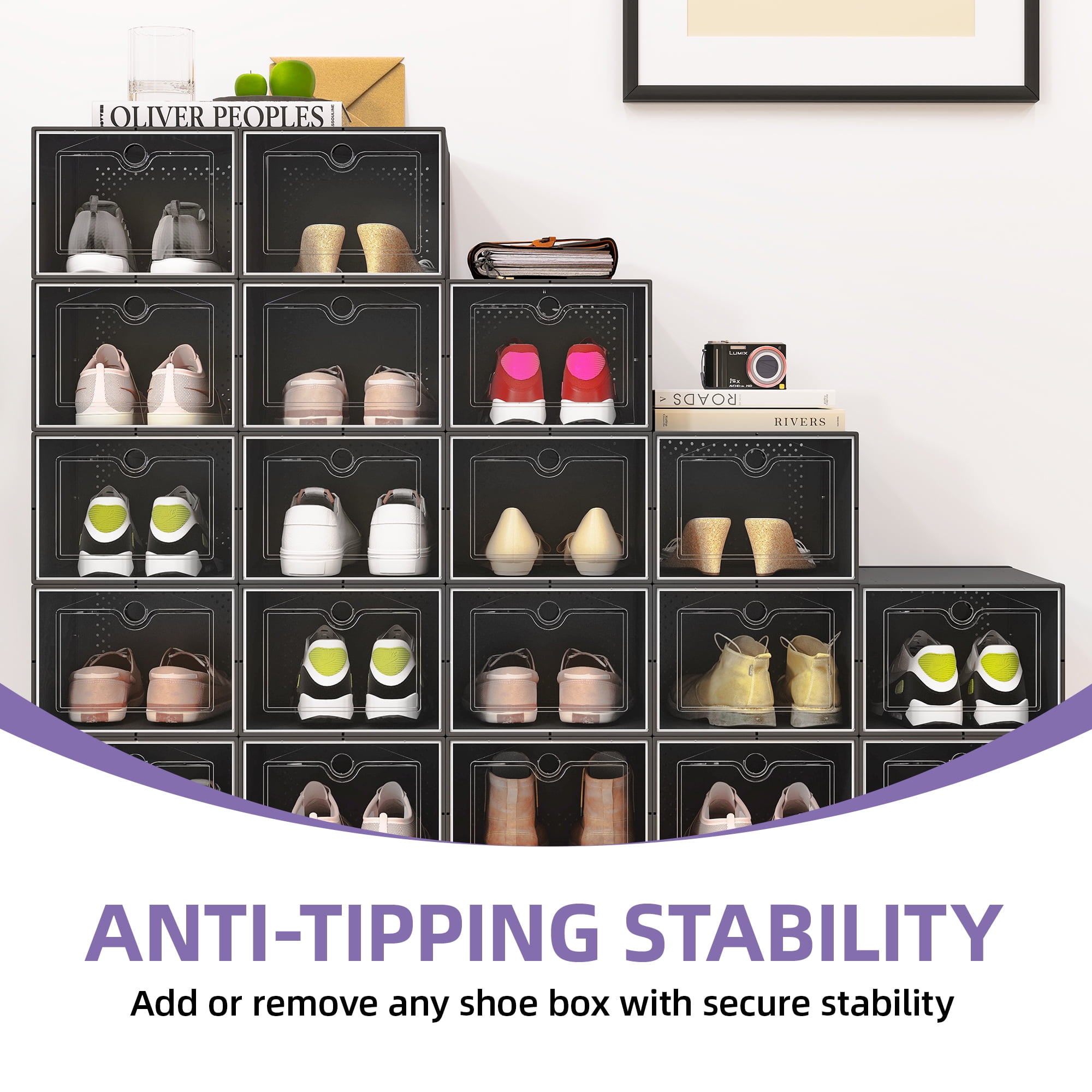 Uforic 24 PCS  Shoe Storage Box, Stackable Plastic Shoe Organizer Box,for Entryway Hallway, Black