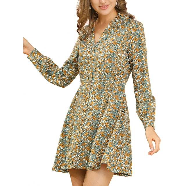 INSPIRE CHIC Robe Courte à Fleurs pour Femme, à Simple Boutonnage, Coupe Ajustée et Évasée, Manches Longues, Col de Camp, Boutonnée