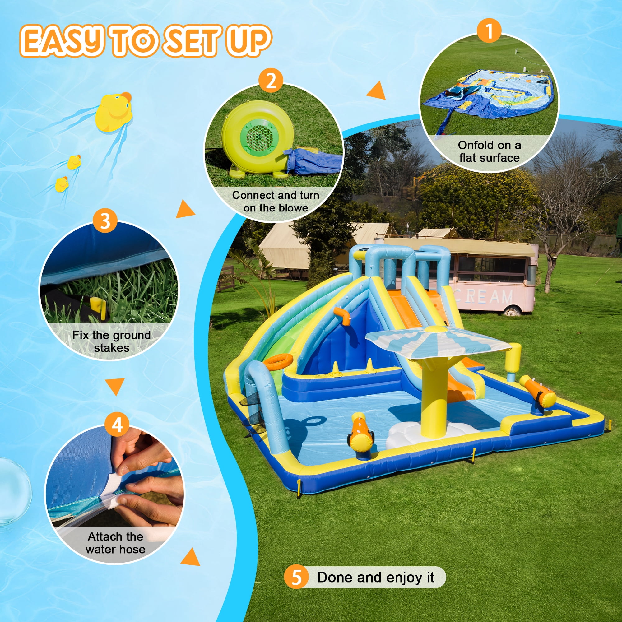 SaveJoy Giant 11-in-1 Inflatable Water Slide Bounce House, 197''x169''x87'', 750W Blower, Summer Water Park for Kids 3-8, Indoor & Outdoor Use