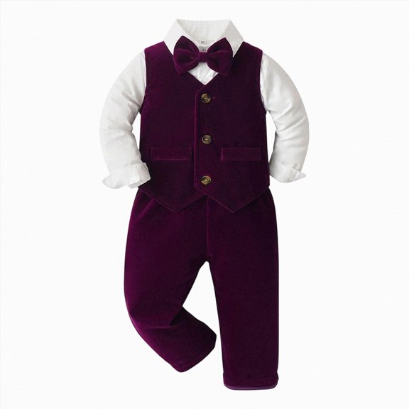 7-8 Years Child Boys Velvet Vest and Pants Set with Shirt and Bow Tie,4-Piece Formal Suit,Gentleman Party Outfit
