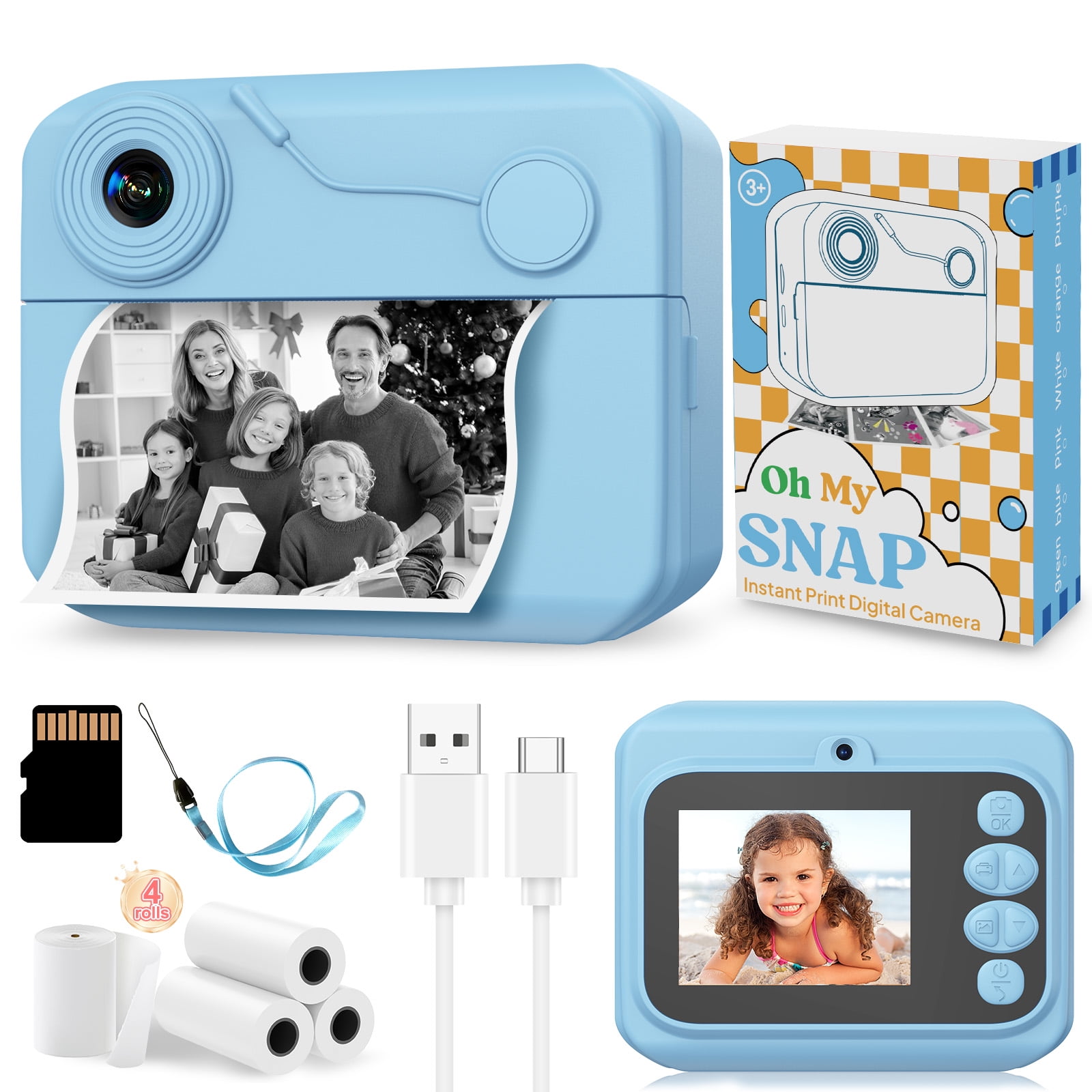 Kids Camera Instant Print 48MP Dual Lens Kids Digital Camera with 2.4 IPS Screen 1080P Video Selfie Camera for Kids 4 Rolls Print Paper & 32GB TF Card Toy Camera Gift for Boys Girls Age