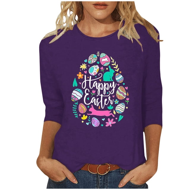 RKSTN Hauts Grande Taille pour Femmes Œufs de Pâques Mignons Imprimés Lapin Coupe Ample Col Rond Manches 3/4 Printemps Été Blouse Douce