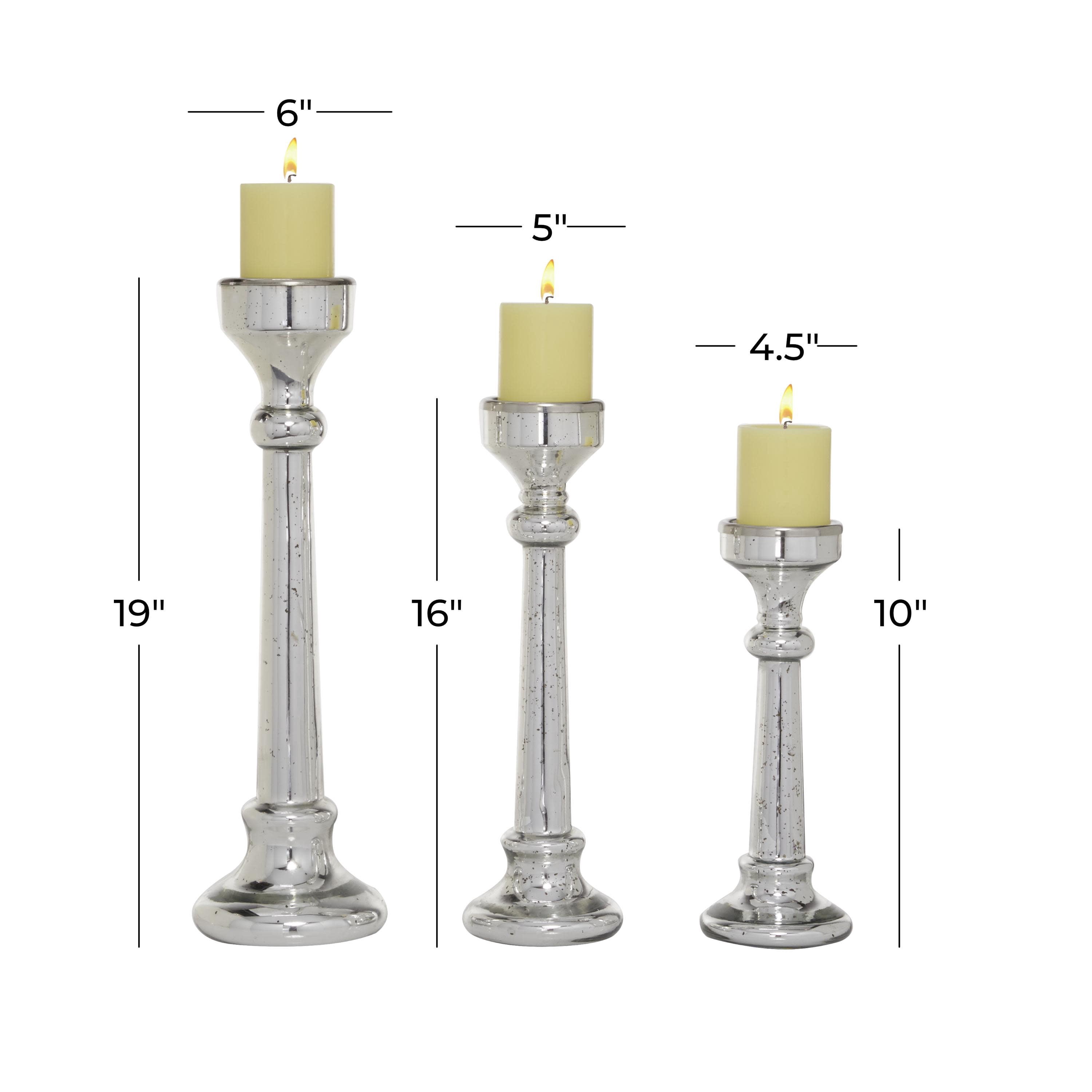 DecMode 3 Candle Silver Glass Candle Holder, Set of 3