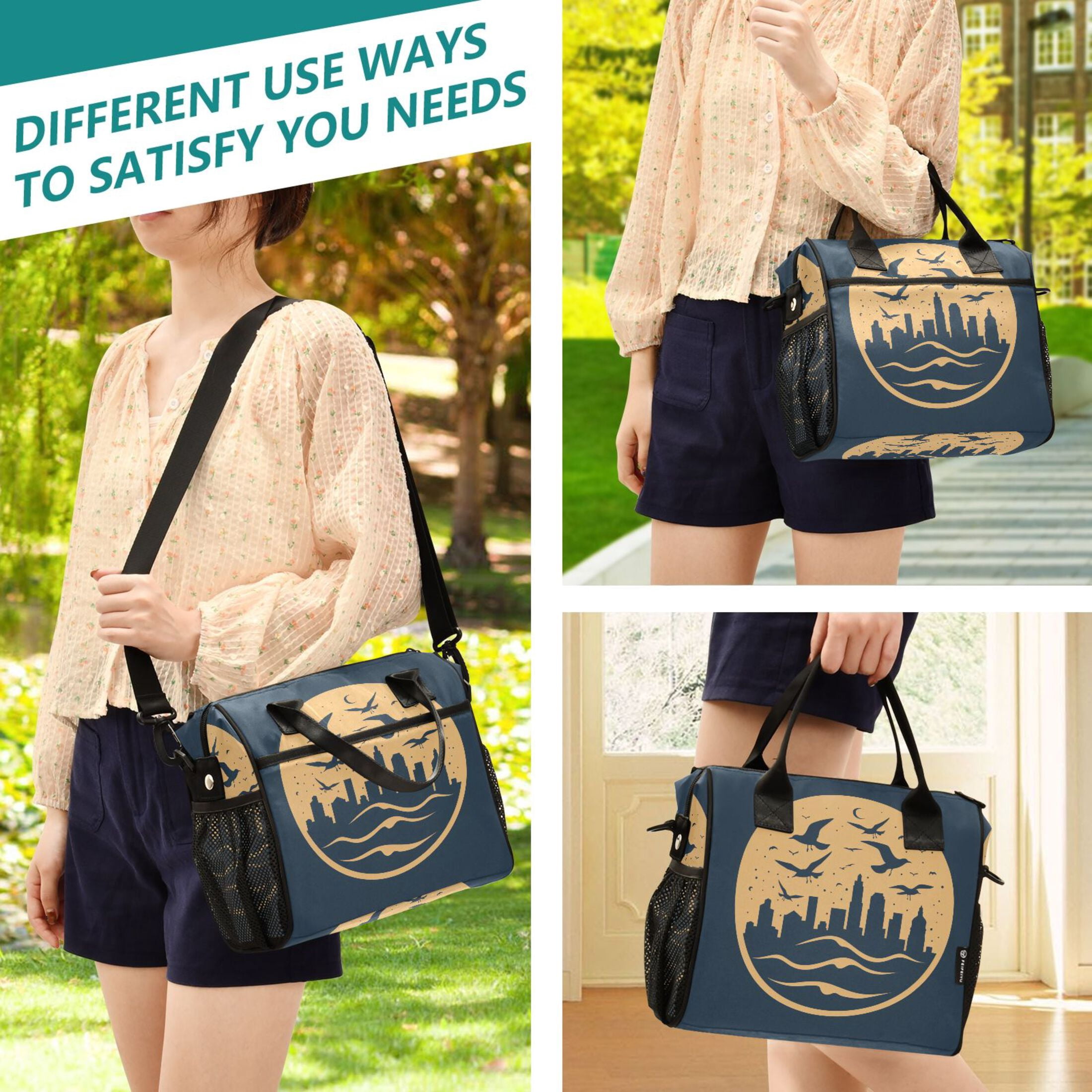 Lunch Bag Insulated Lunch Box Leakproof Reusable Cooler Tote Adjustable Shoulder Strap for Men Women City Seagulls Moon Wave 9L