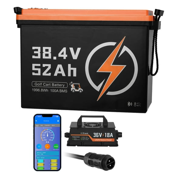 KFFKFF 36V (38.4V) 52AH Lithium Golf Cart Battery, with 18A Charger, Lifepo4 Battery Kit, Built-in 100A BMS, 4000 Cycles, 2C Discharge Rate, Bluetooth & Mobile APP
